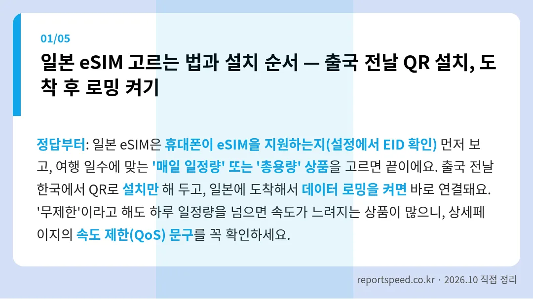 일본 eSIM 고르는 법과 설치 순서 — 출국 전날 QR 설치, 도착 후 로밍 켜기