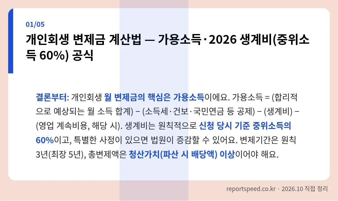 개인회생 변제금 계산법 — 가용소득·2026 생계비(중위소득 60%) 공식
